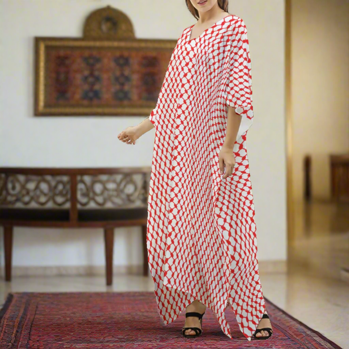 Red Kuffiyeh Print Women's Imitation Silk V-neck Kaftan Robe