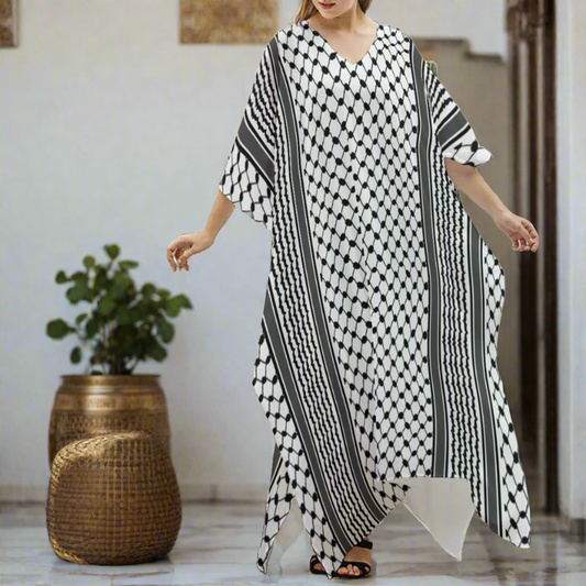 Palestinian Kuffiyeh Women's Imitation Silk V-neck Kaftan Robe