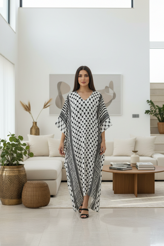 Palestinian Kuffiyeh Women's Imitation Silk V-neck Kaftan Robe