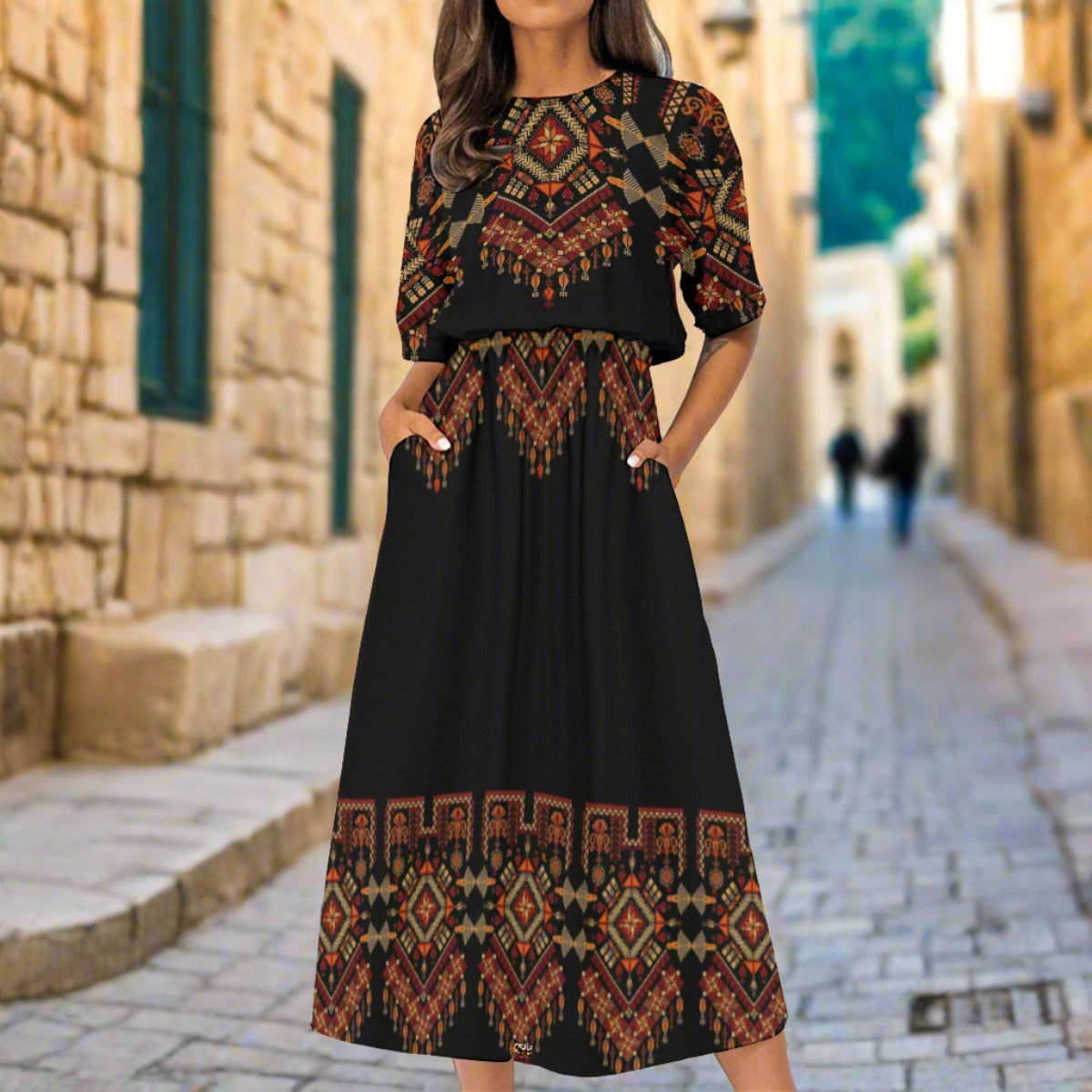 Palestinian Tatreez Print Women's Elastic Waist Dress