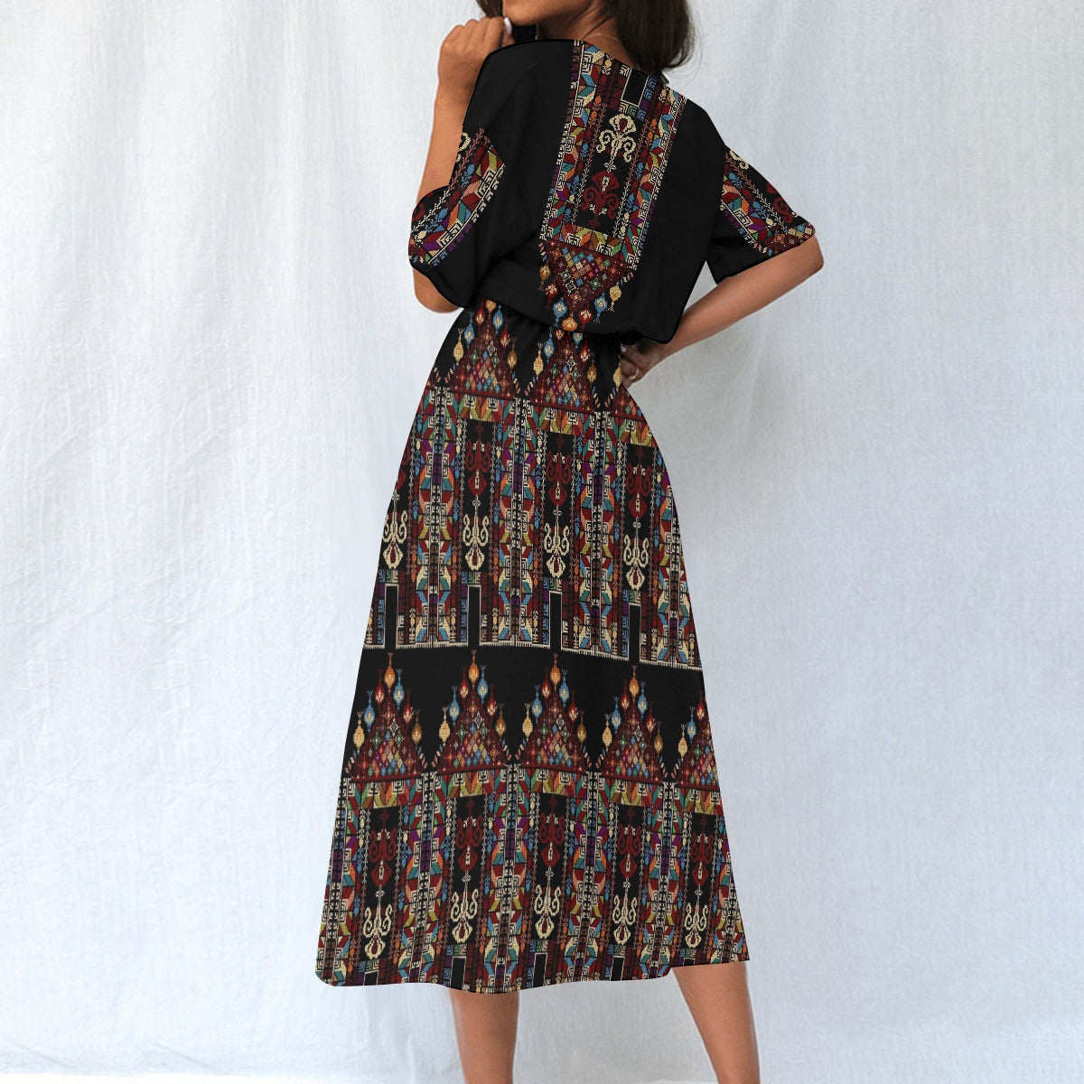 Palestinian Tatreez Print Women's Elastic Waist Dress -