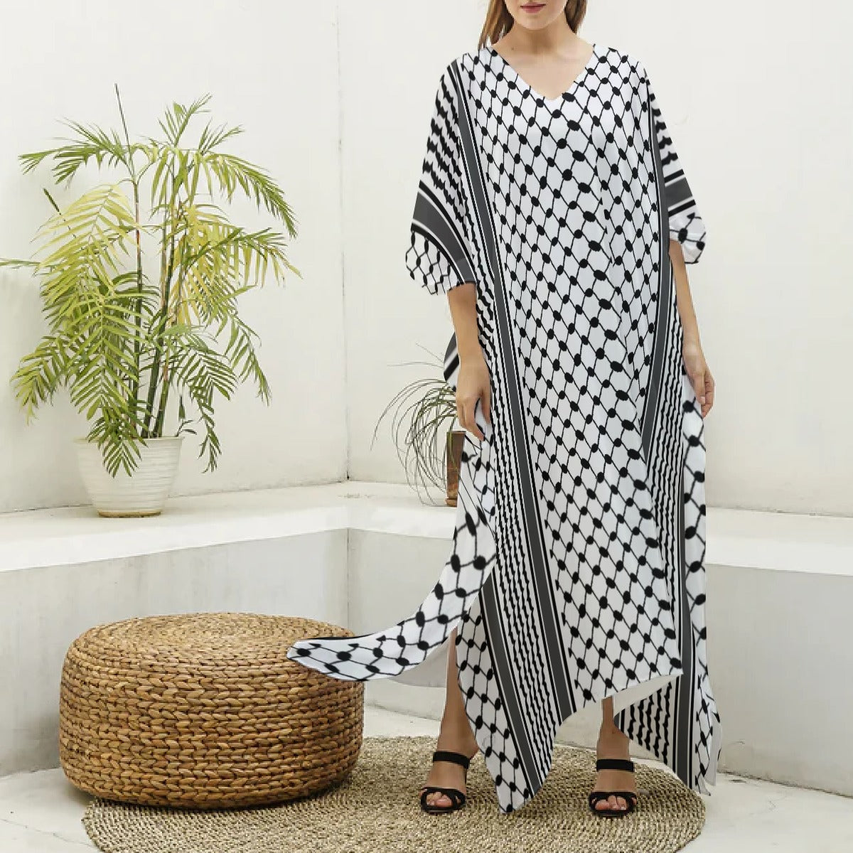 Palestinian Kuffiyeh Women's Imitation Silk V-neck Kaftan Robe