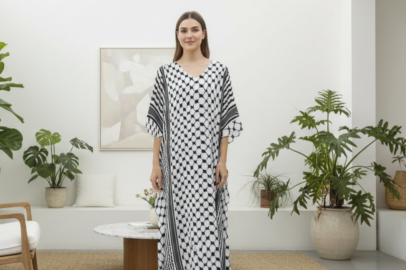 Palestinian Kuffiyeh Women's Imitation Silk V-neck Kaftan Robe