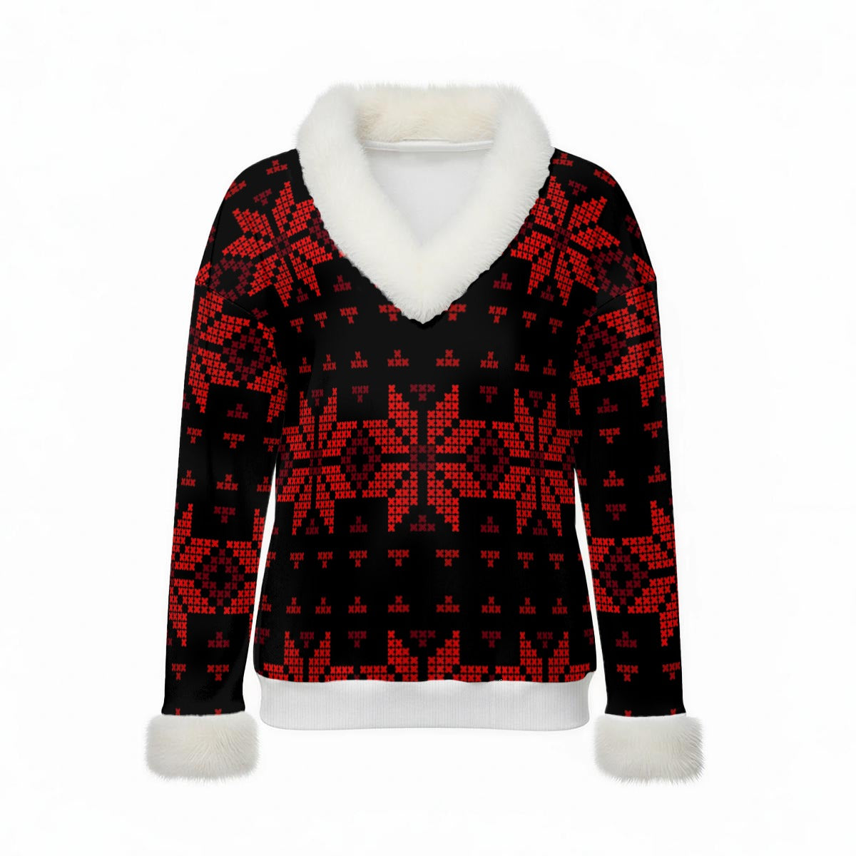 Palestinian Tatreez Print Women's Faux Knit V-Neck Sweater Top with Fur Trim