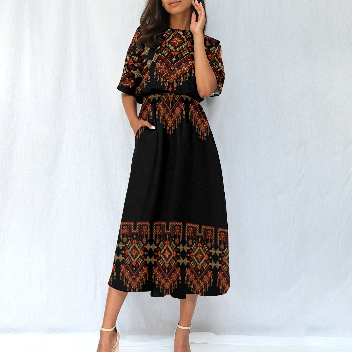 Palestinian Tatreez Print Women's Elastic Waist Dress