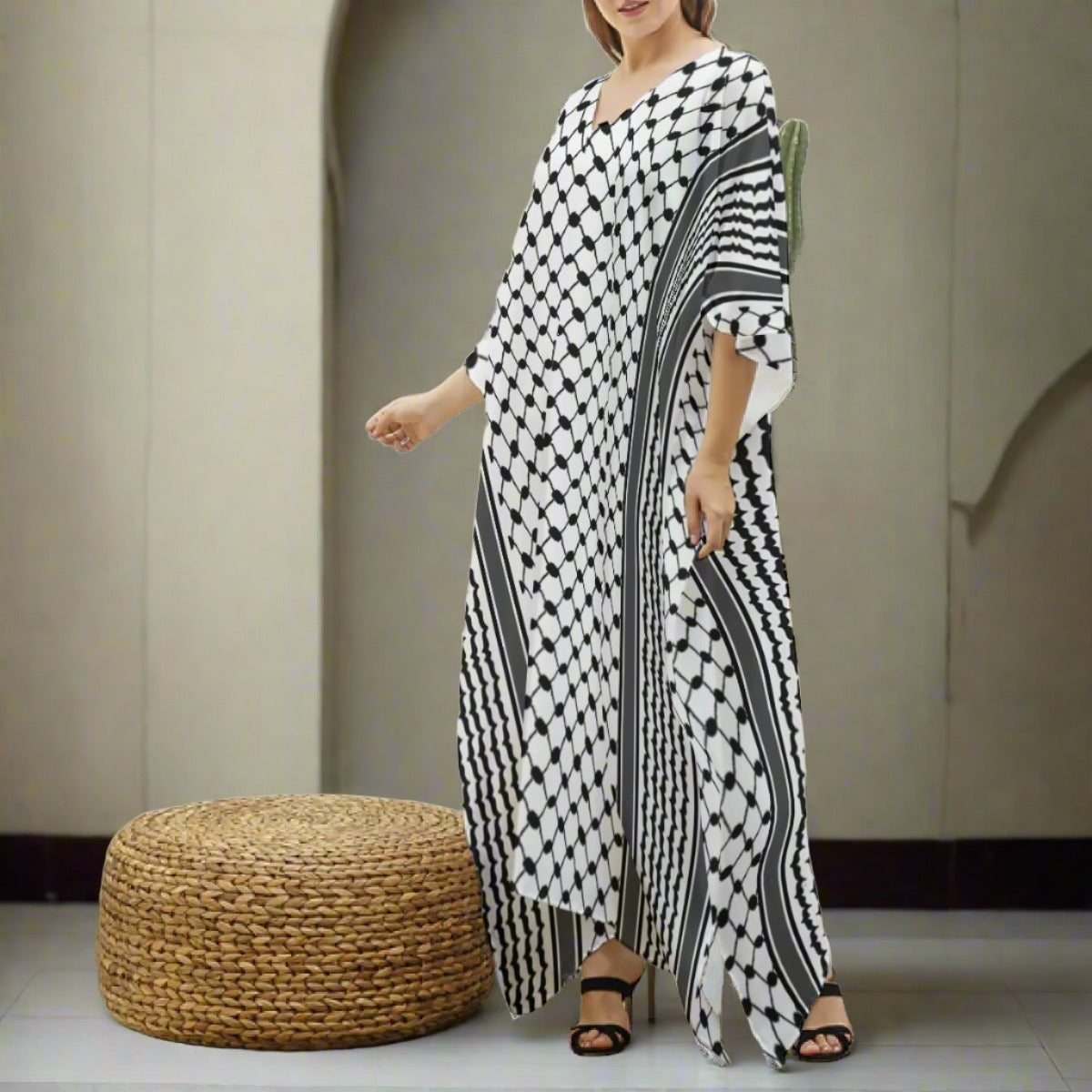 Palestinian Kuffiyeh Women's Imitation Silk V-neck Kaftan Robe