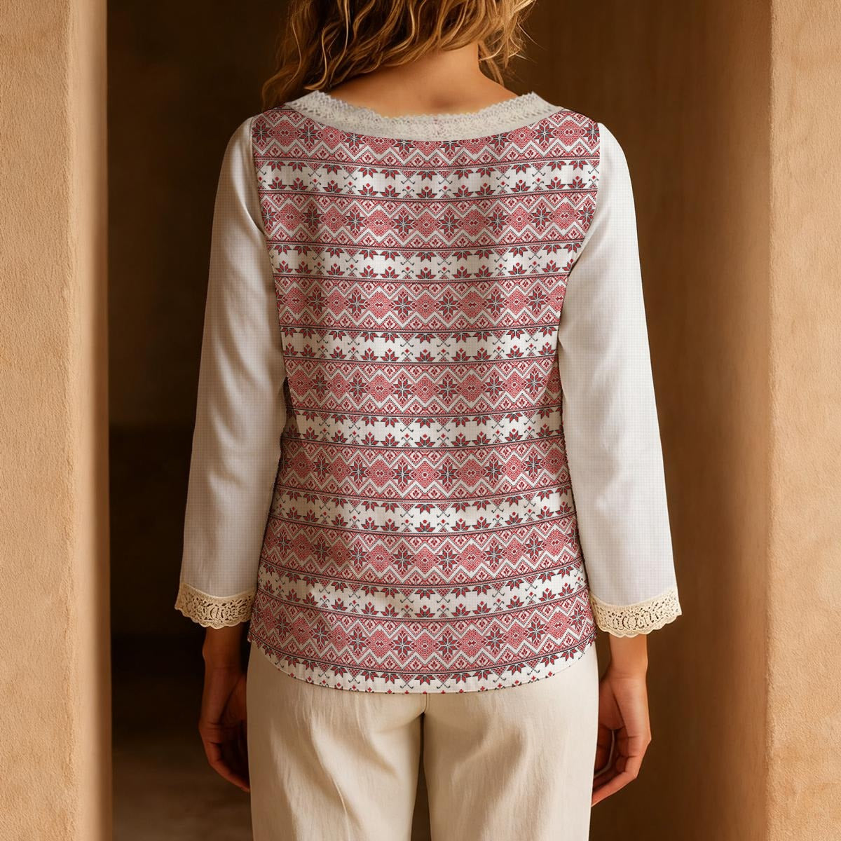 Palestinian Tatreez Print Women's Long-Sleeve Casual Top With Tie Collar