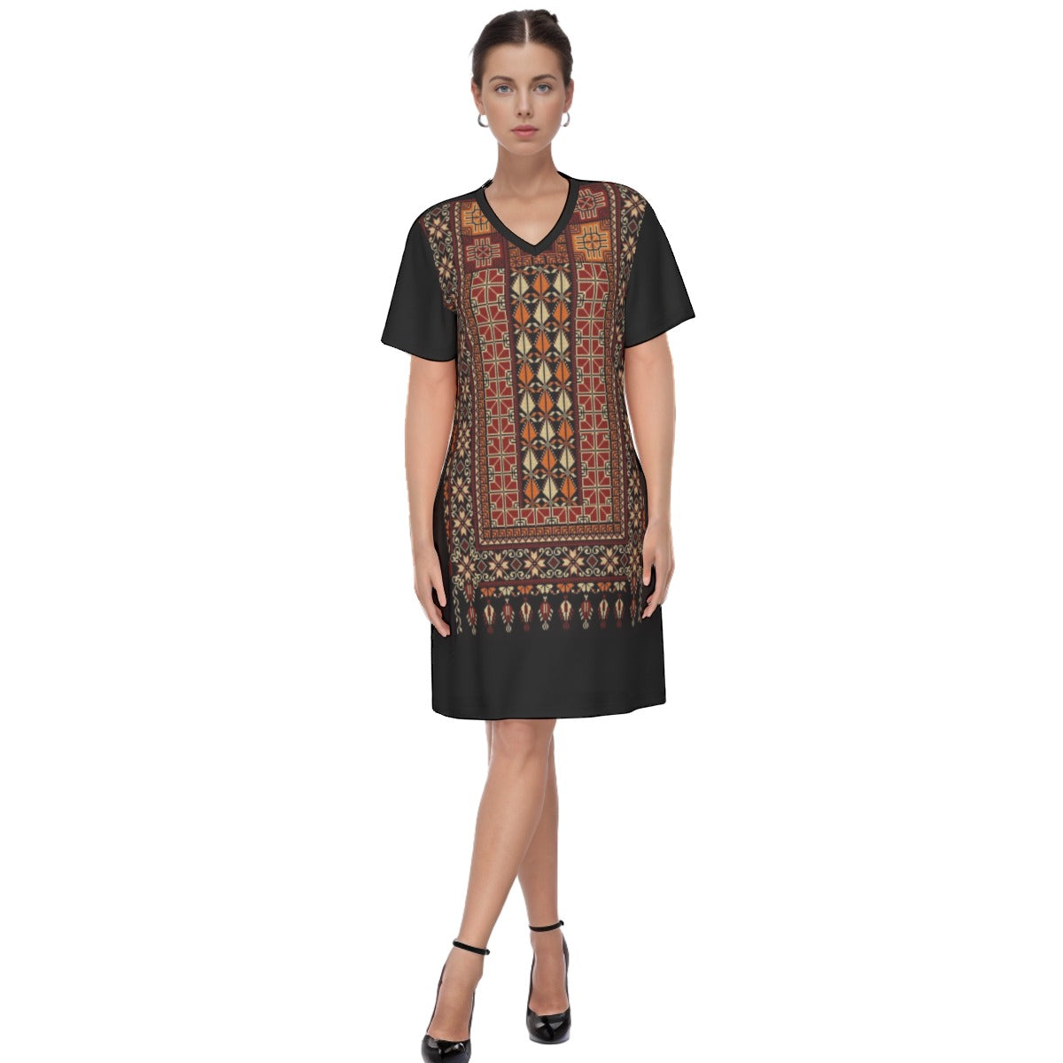 Palestinian Cotton Tatreez All-Over Print Women's V Neck Dress