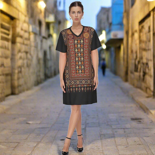 Palestinian Cotton Tatreez All-Over Print Women's V Neck Dress