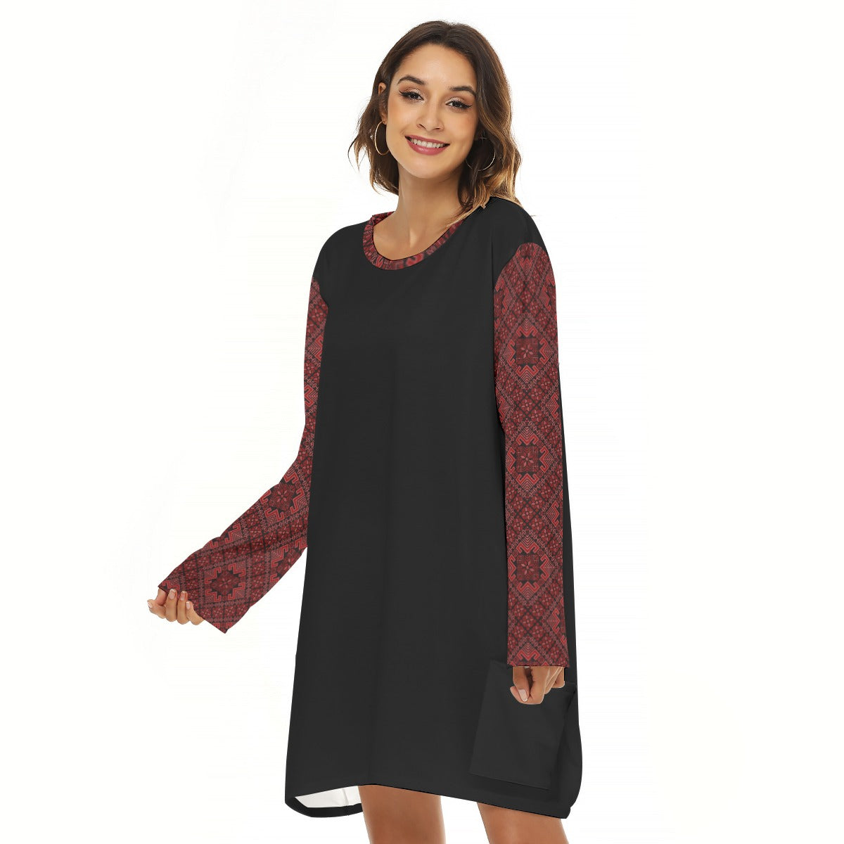 Palestinian Tatreez Print  Women's Loose Crew Neck Dress, Red