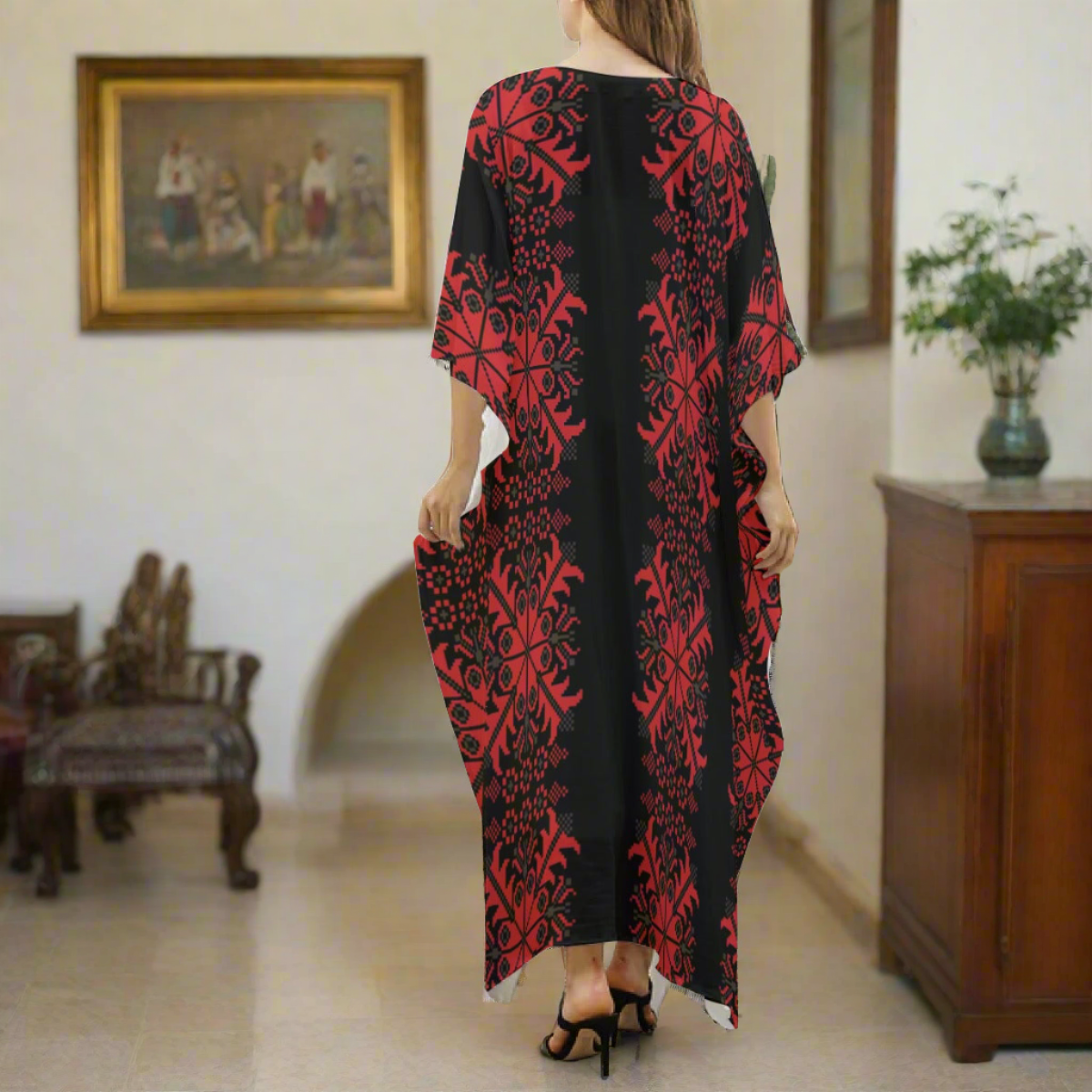 Gaza Palestinian Tatreez Print Women's Imitation Silk V-neck Kaftan Robe, Red