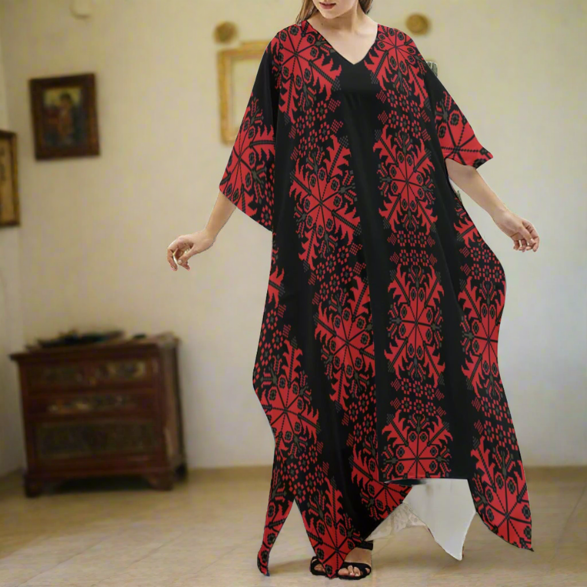 Gaza Palestinian Tatreez Print Women's Imitation Silk V-neck Kaftan Robe, Red