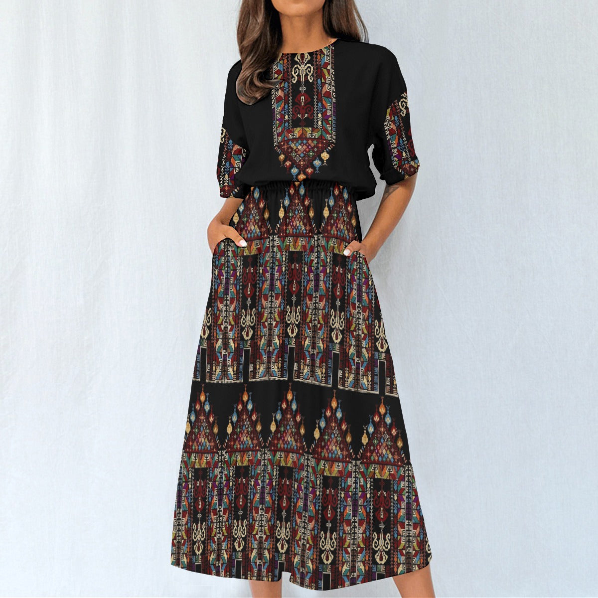 Palestinian Tatreez Print Women's Elastic Waist Dress -