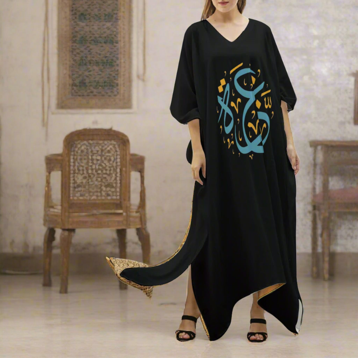 Palestinian Gaza dress Women's Imitation Silk V-neck Kaftan Robe