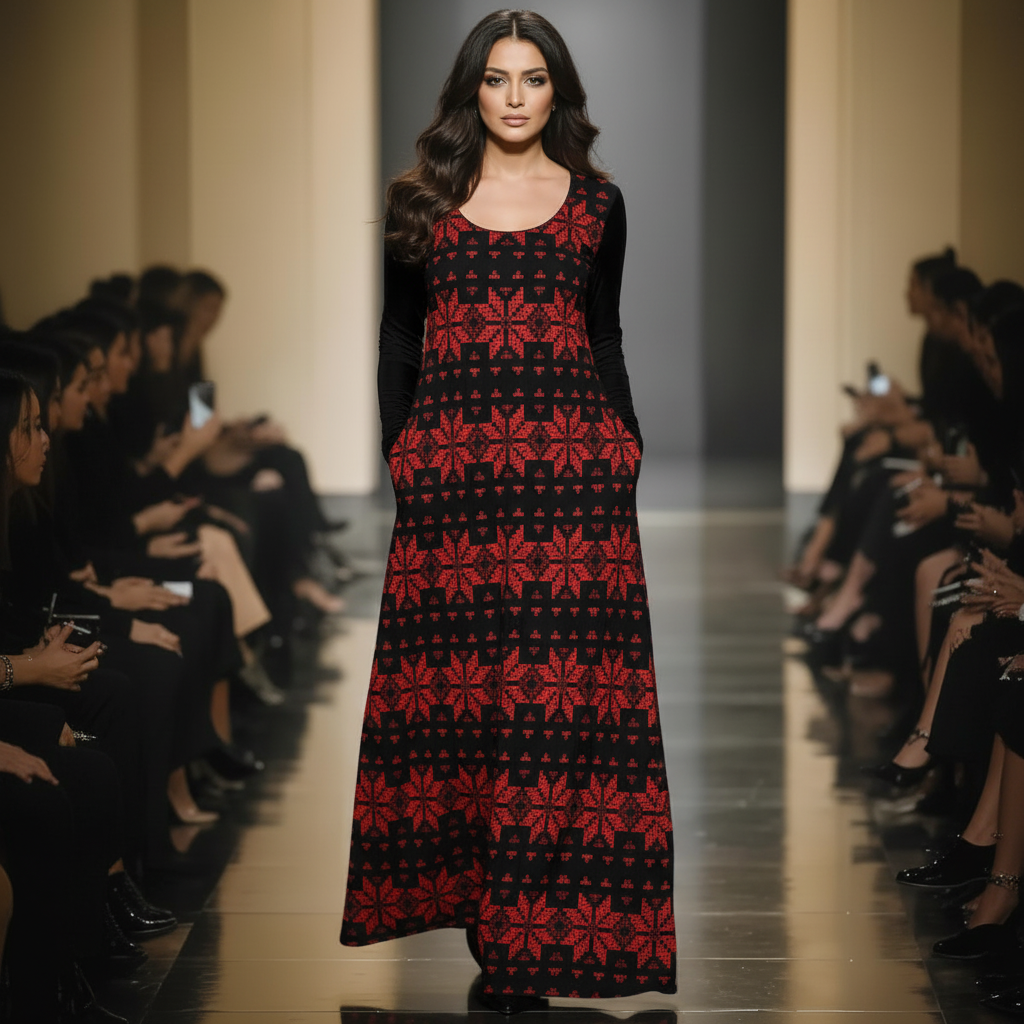 Palestinian Tatreez Print Women's Velvet Shine Maxi Dress