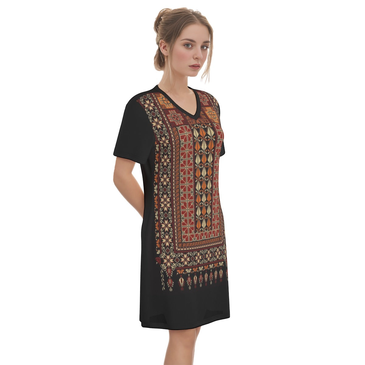 Palestinian Cotton Tatreez All-Over Print Women's V Neck Dress