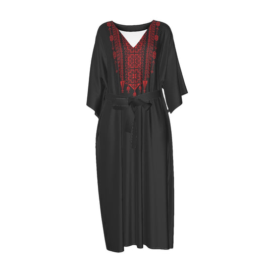 Palestinian Tatreez Print Women's Long Dress, Red