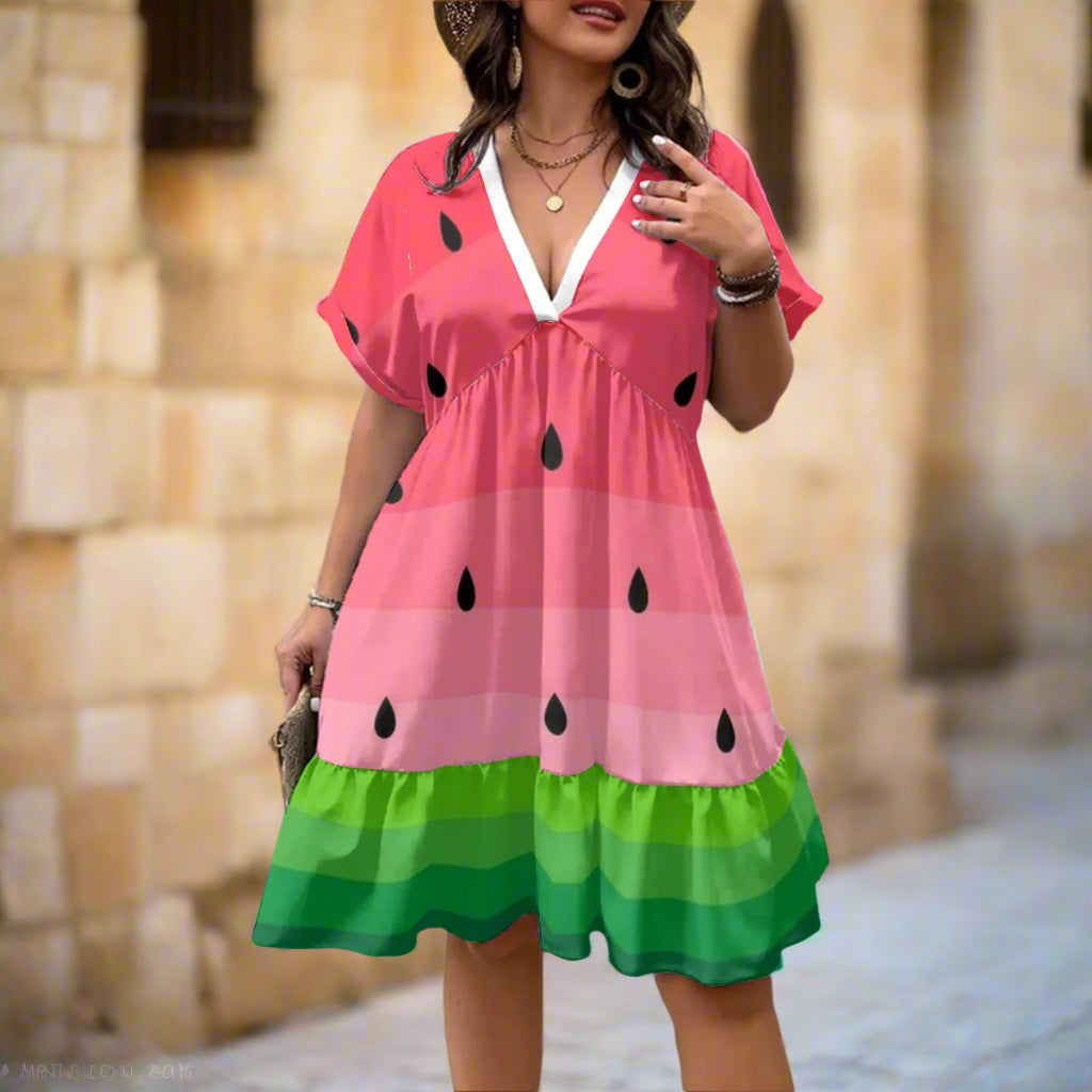 Watermelon All-Over Print Women’s Floral V-Neck Short Sleeve Dress