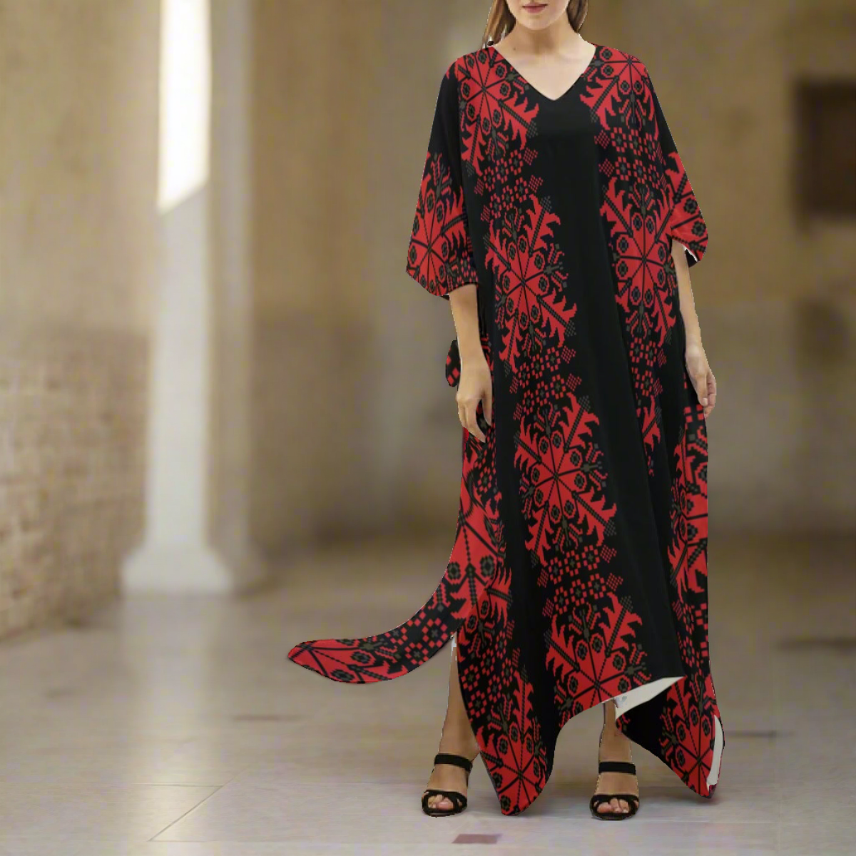 Gaza Palestinian Tatreez Print Women's Imitation Silk V-neck Kaftan Robe, Red