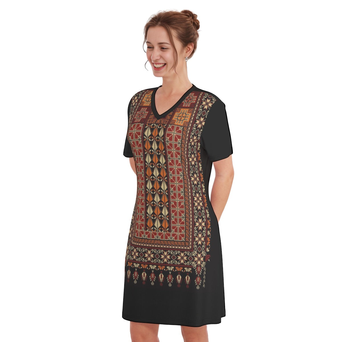 Palestinian Cotton Tatreez All-Over Print Women's V Neck Dress