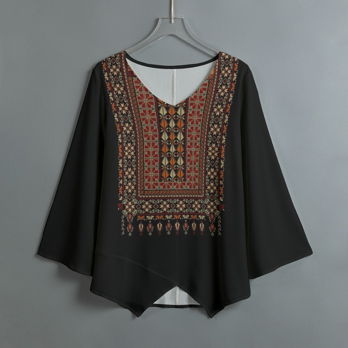 Palestinian Tatreez print V-neck T-shirt With Irregular Hem