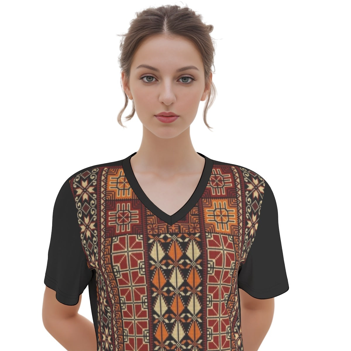 Palestinian Cotton Tatreez All-Over Print Women's V Neck Dress