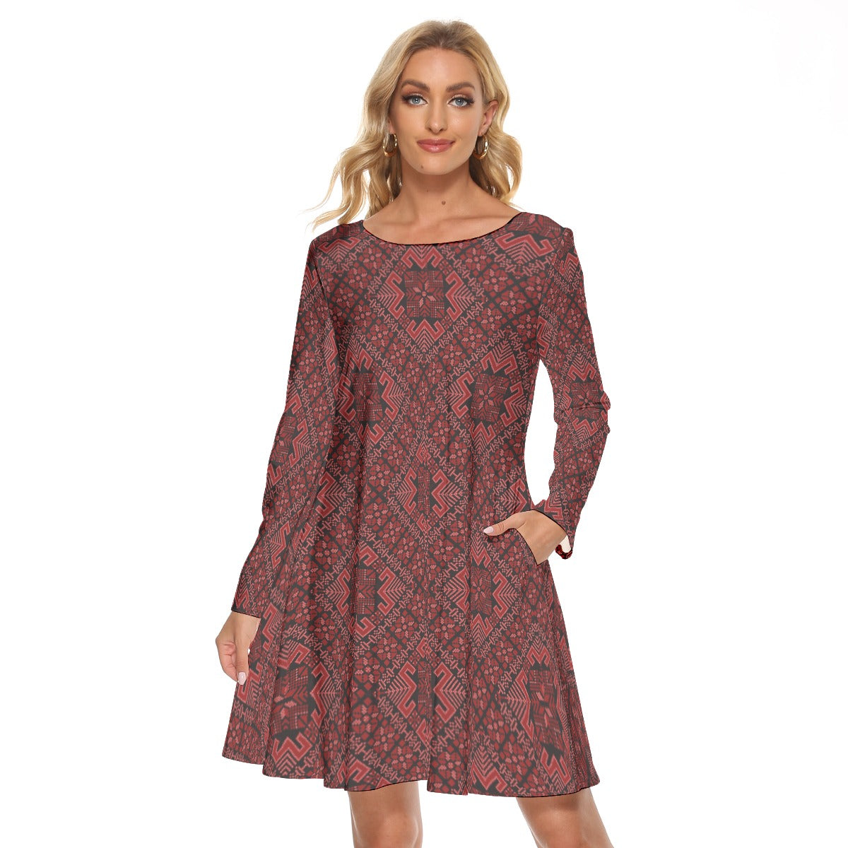 Palestinian Tatreez Print Women's Crew Neck Dress, Red