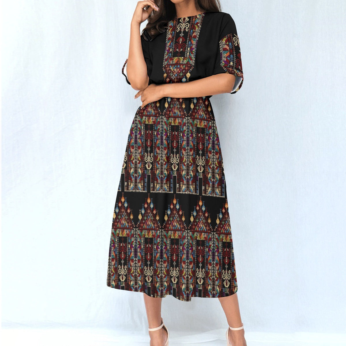 Palestinian Tatreez Print Women's Elastic Waist Dress -