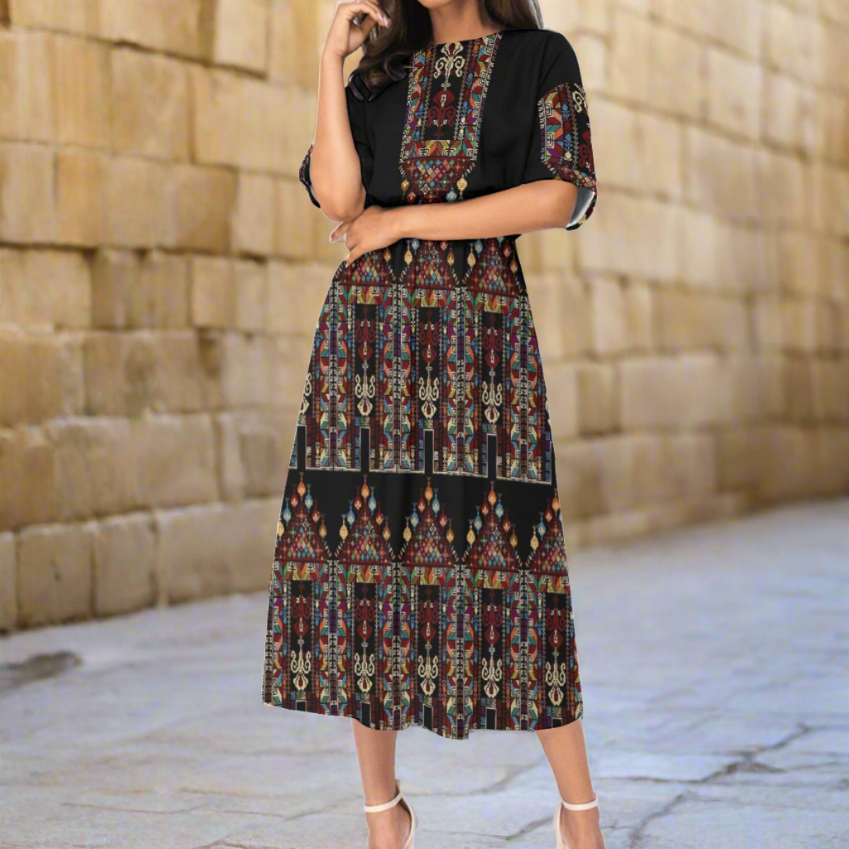 Palestinian Tatreez Print Women's Elastic Waist Dress -