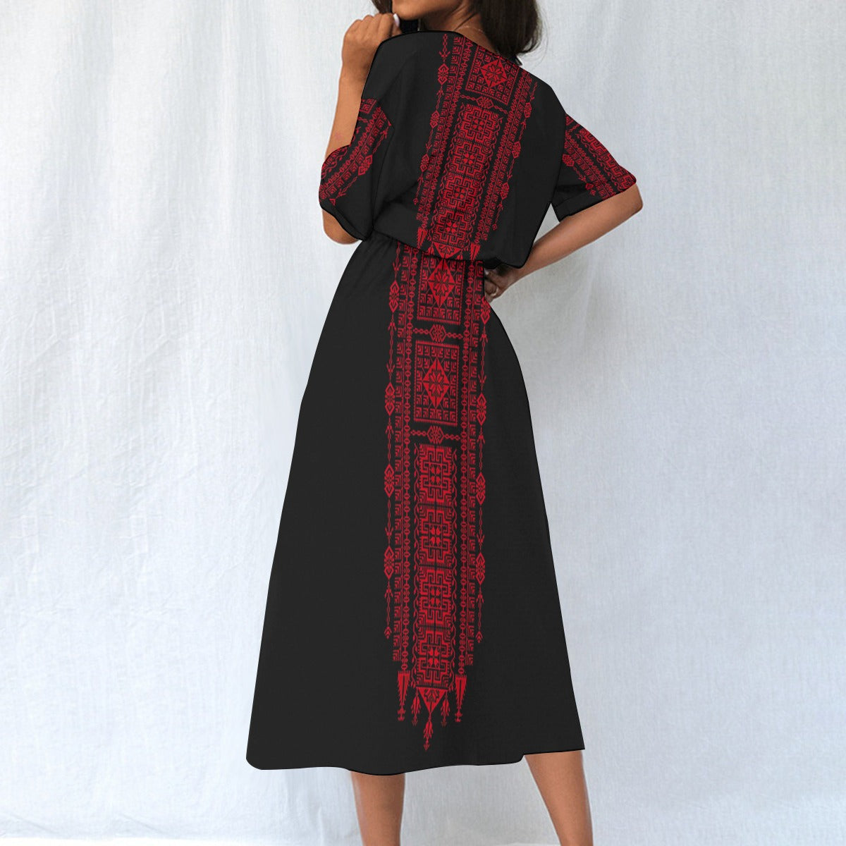 Palestinian Tatreez Print Women's Elastic Waist Dress, Red