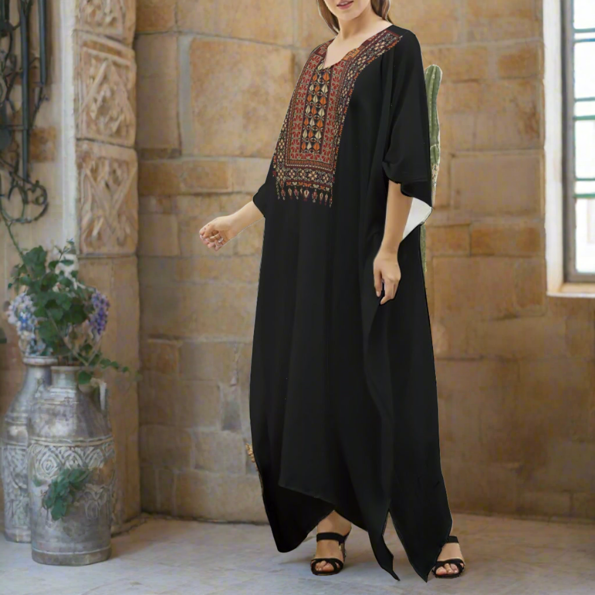 Palestinian Tatreez Print Women's Imitation Silk V-neck Kaftan Robe