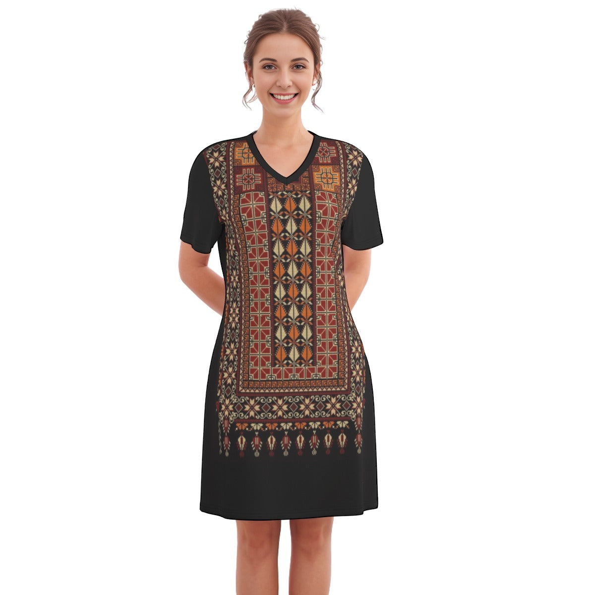 Palestinian Cotton Tatreez All-Over Print Women's V Neck Dress