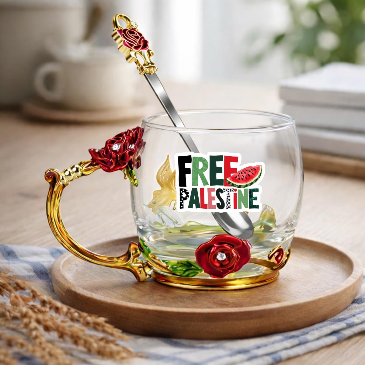 Free Palestine 12OZ Enamel Floral Glass Mug With Spoon