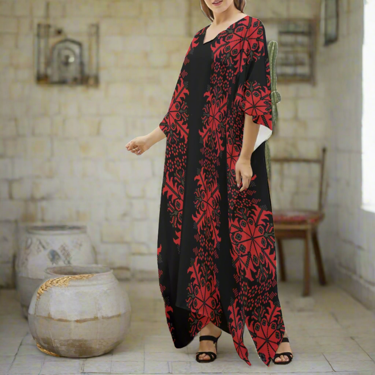 Gaza Palestinian Tatreez Print Women's Imitation Silk V-neck Kaftan Robe, Red