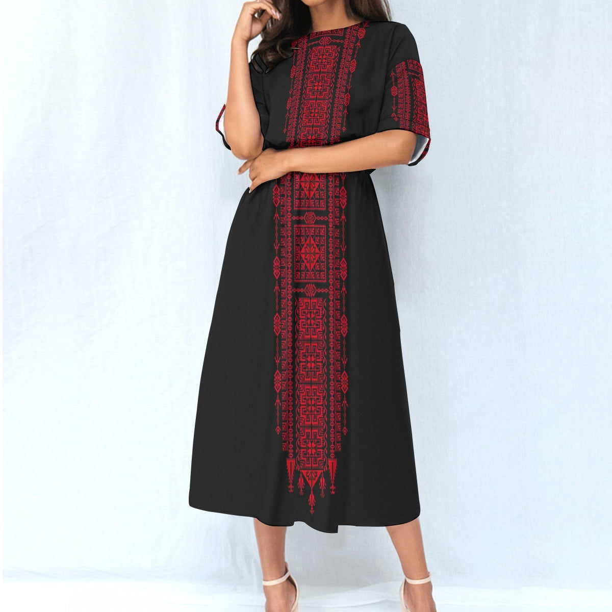 Palestinian Tatreez Print Women's Elastic Waist Dress, Red