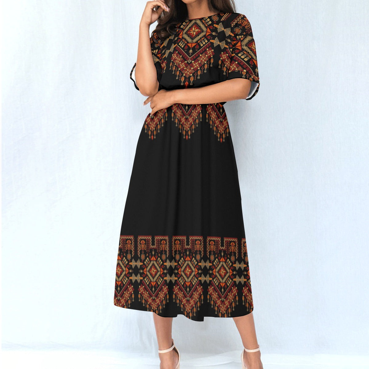 Palestinian Tatreez Print Women's Elastic Waist Dress