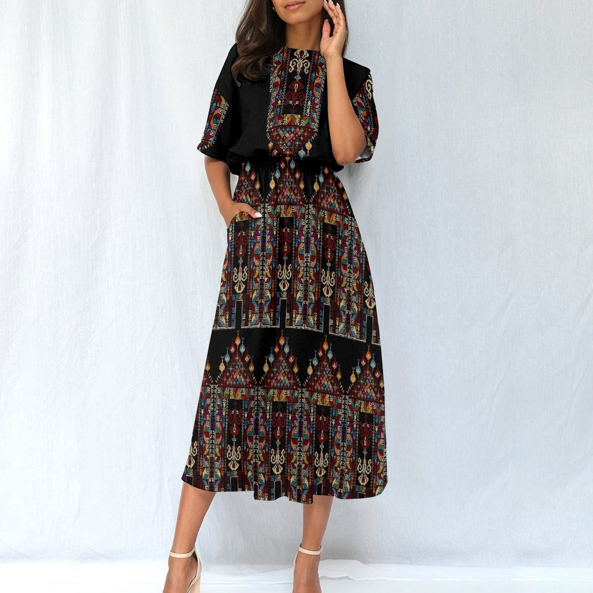 Palestinian Tatreez Print Women's Elastic Waist Dress -