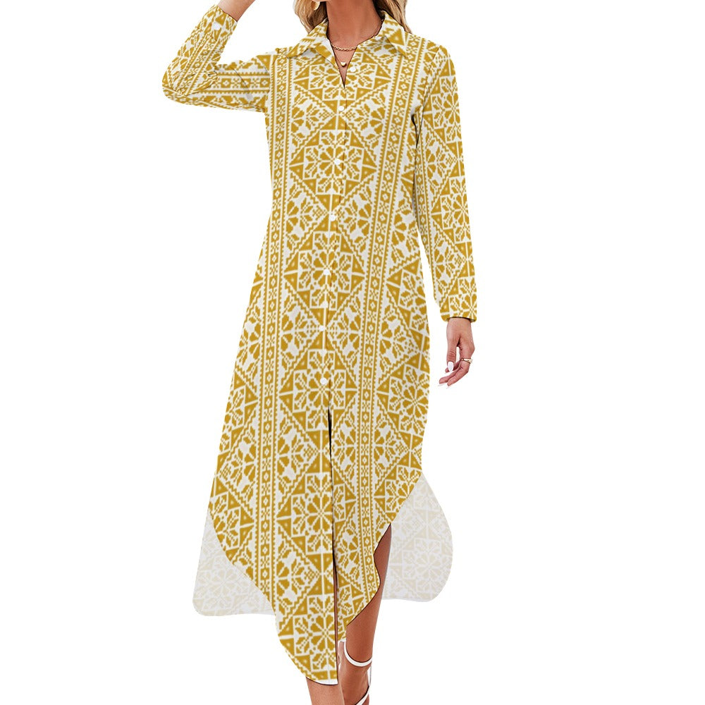 Palestinian Tatreez print Button Neck Long Sleeve Shirt Dress