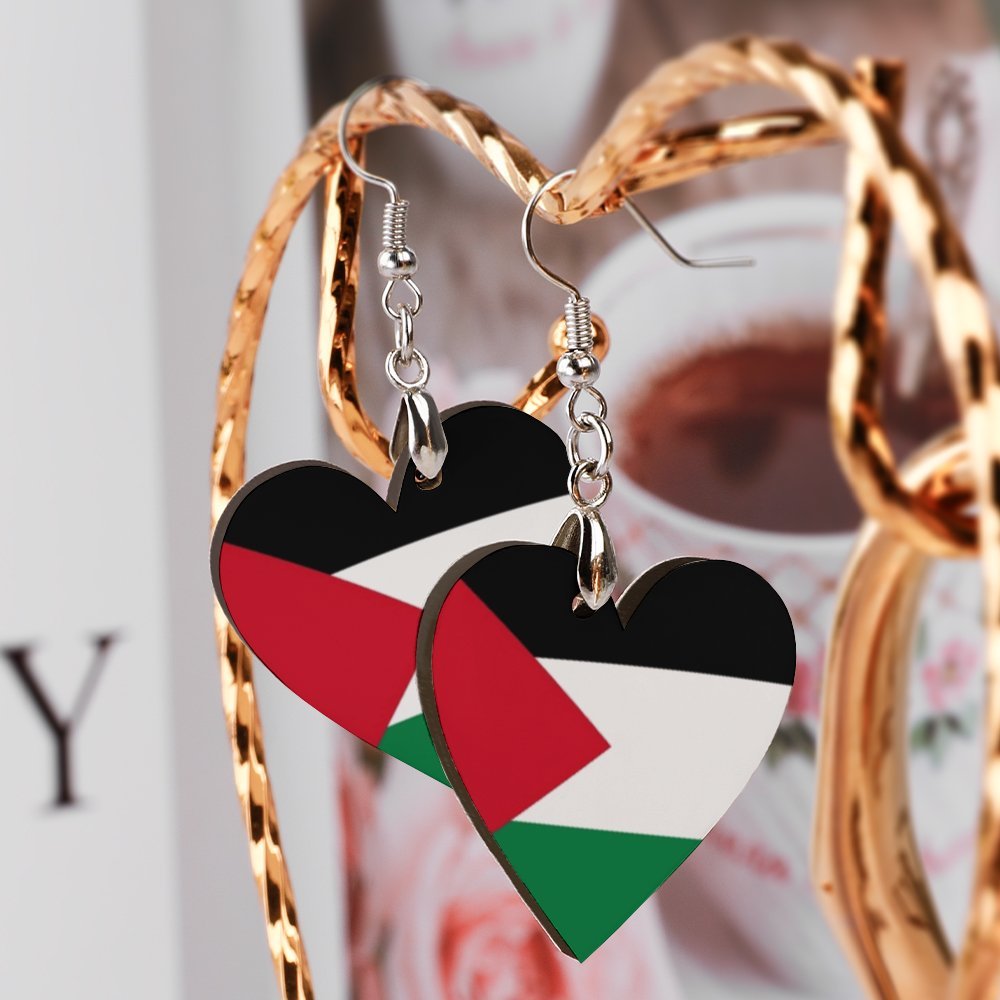 I Love Palestine Heart Wooden Earrings Pendant -