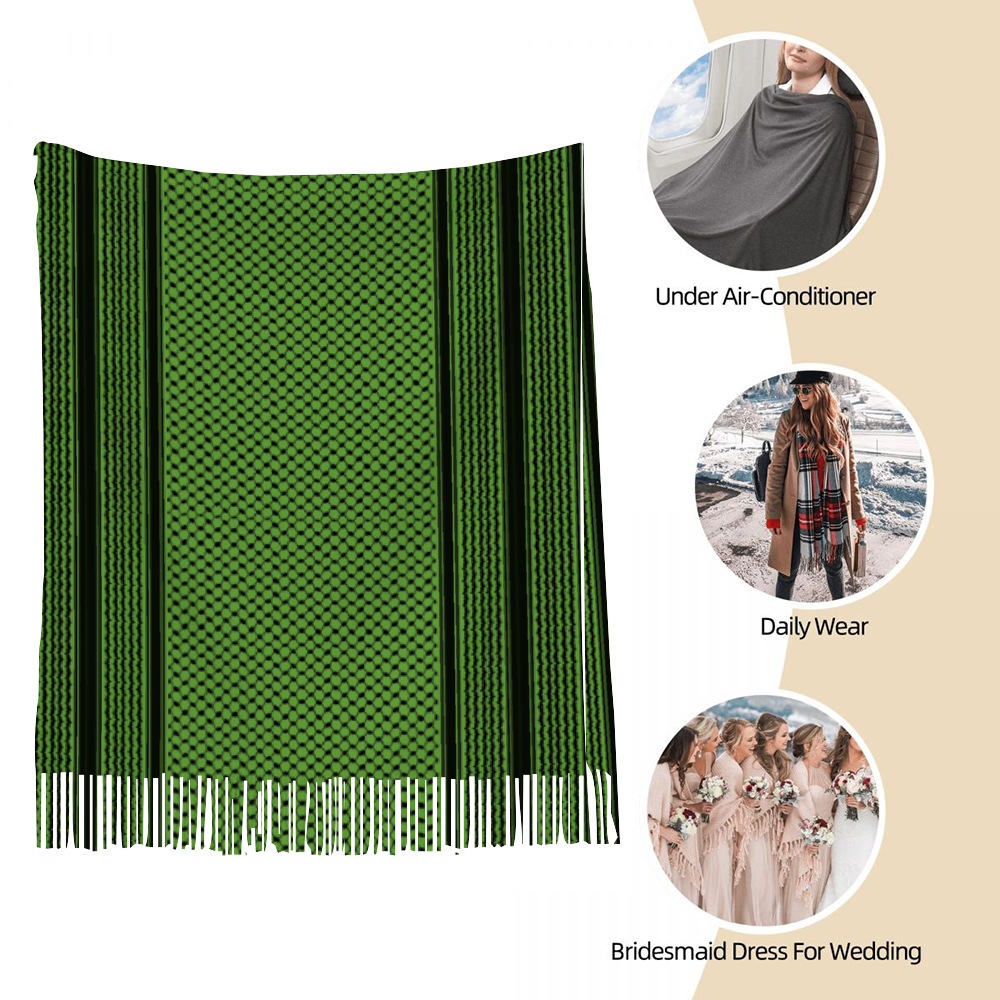 Palestinian Green Kuffiyeh Tassel Scarf for Women 28.35" x 77.56"