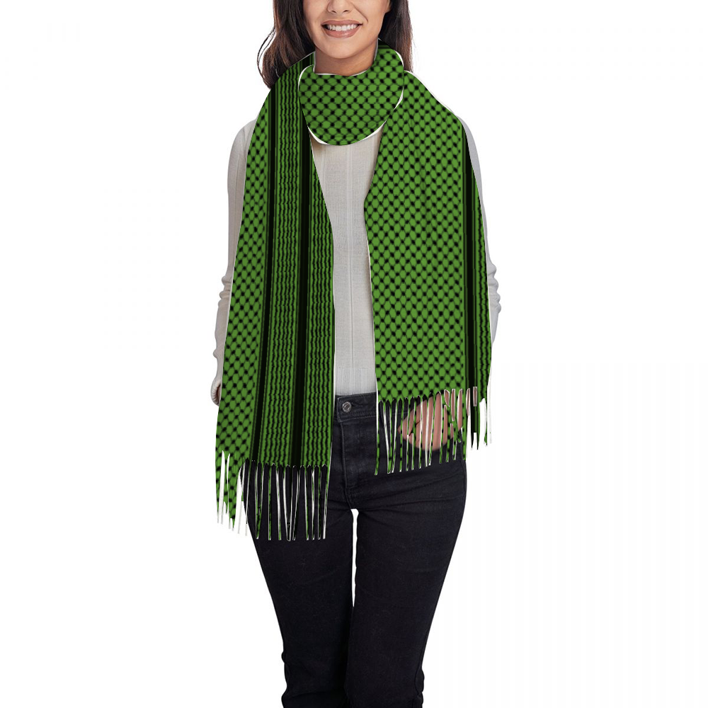 Palestinian Green Kuffiyeh Tassel Scarf for Women 28.35" x 77.56"