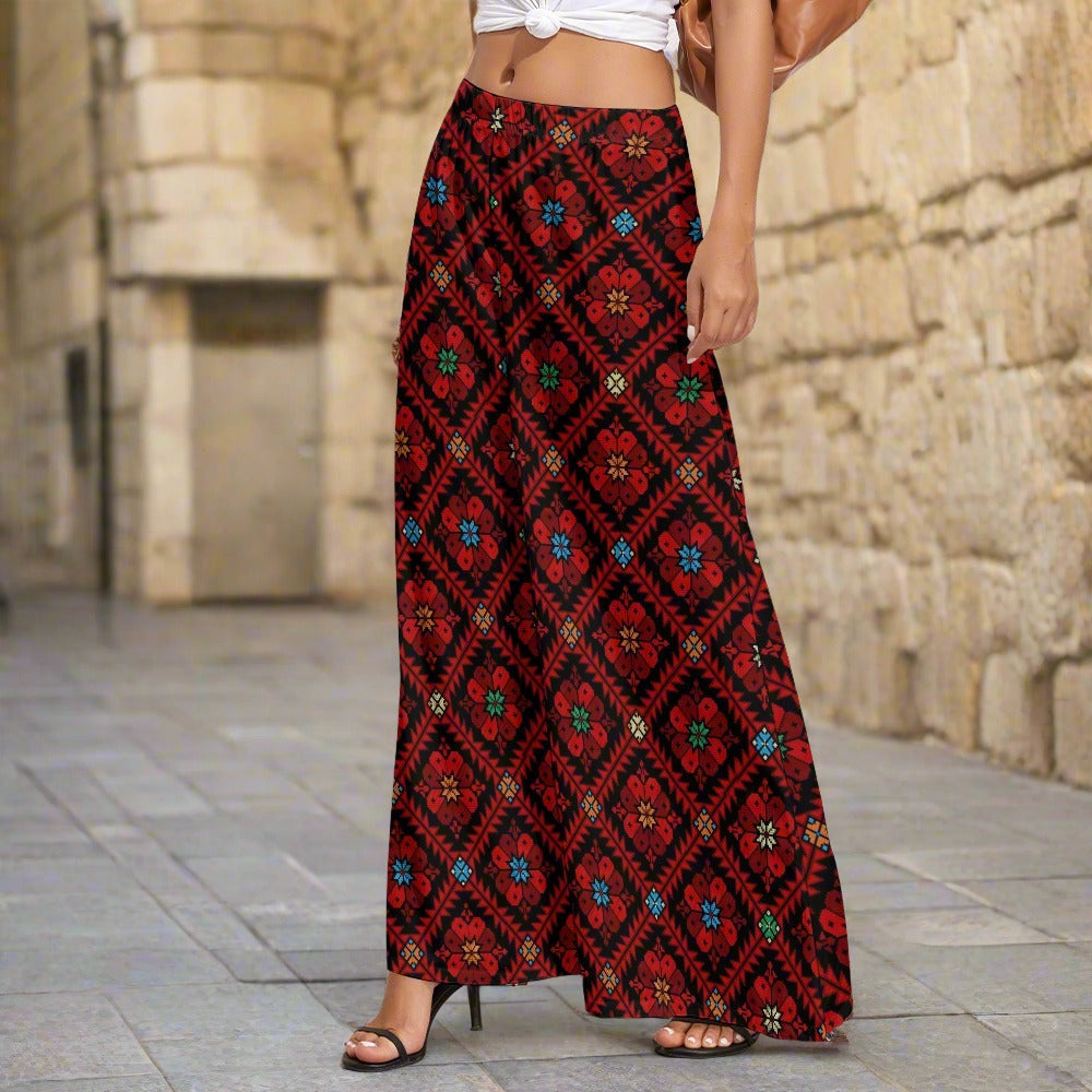 Ethnic Palestinian Tatreez Print Women's Wide Leg Pants