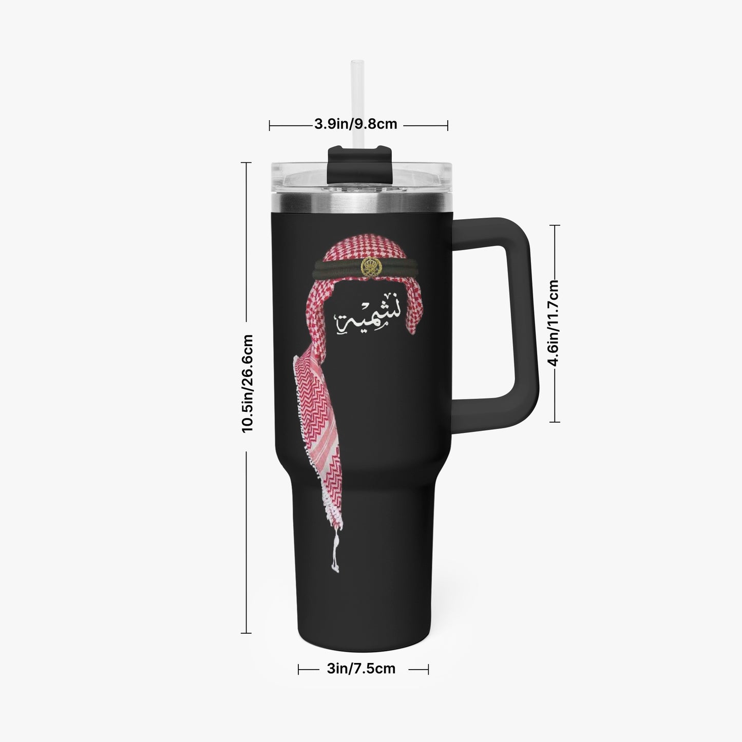 Black tumbler with a design and measurements on a white background