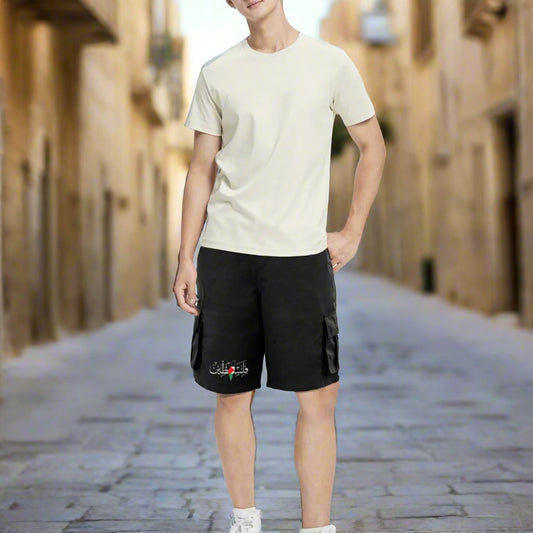 Palestinian Men's Cargo Shorts with Palestine in Arabic, Cotton Blend