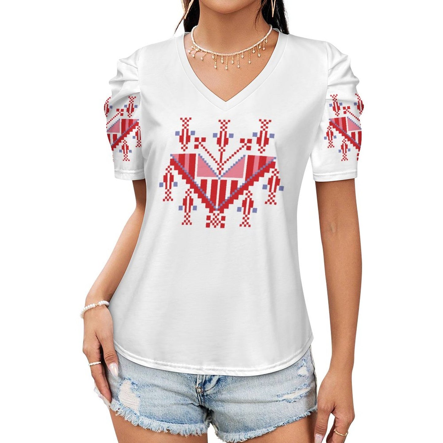 Palestinian Tatreez Print Graduation Puff Short Sleeve Top