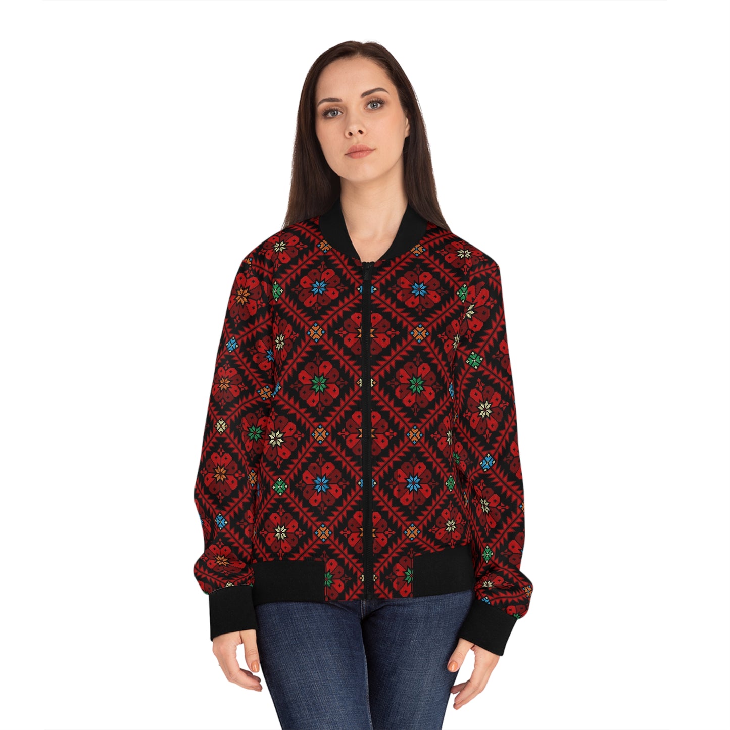 Palestinian Women's Bomber Jacket All-Over-Print Realistic Tatreez Print Jacket