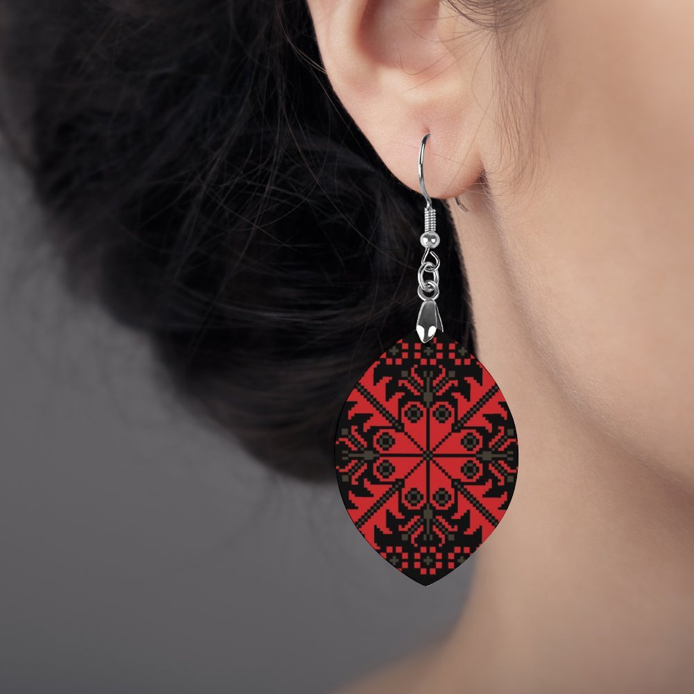 Gaza | غزة Palestinian Tatreez Fashion Wooden Earrings Pendant, Red -