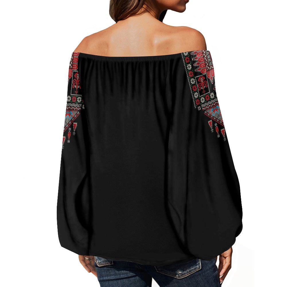 Palestinian Tatreez Off-shouldered chiffon blouse