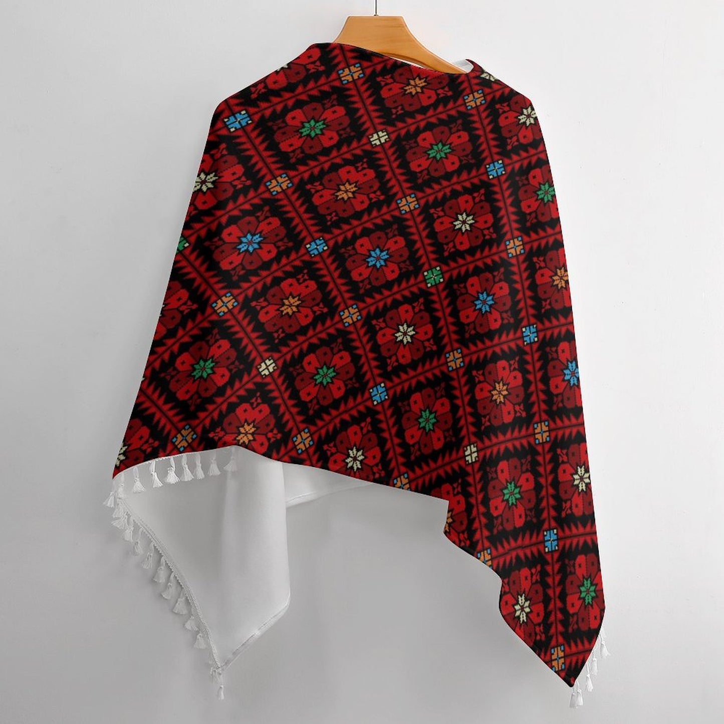 Palestinian Tatreez Print Fringed Knitted Tassel Poncho