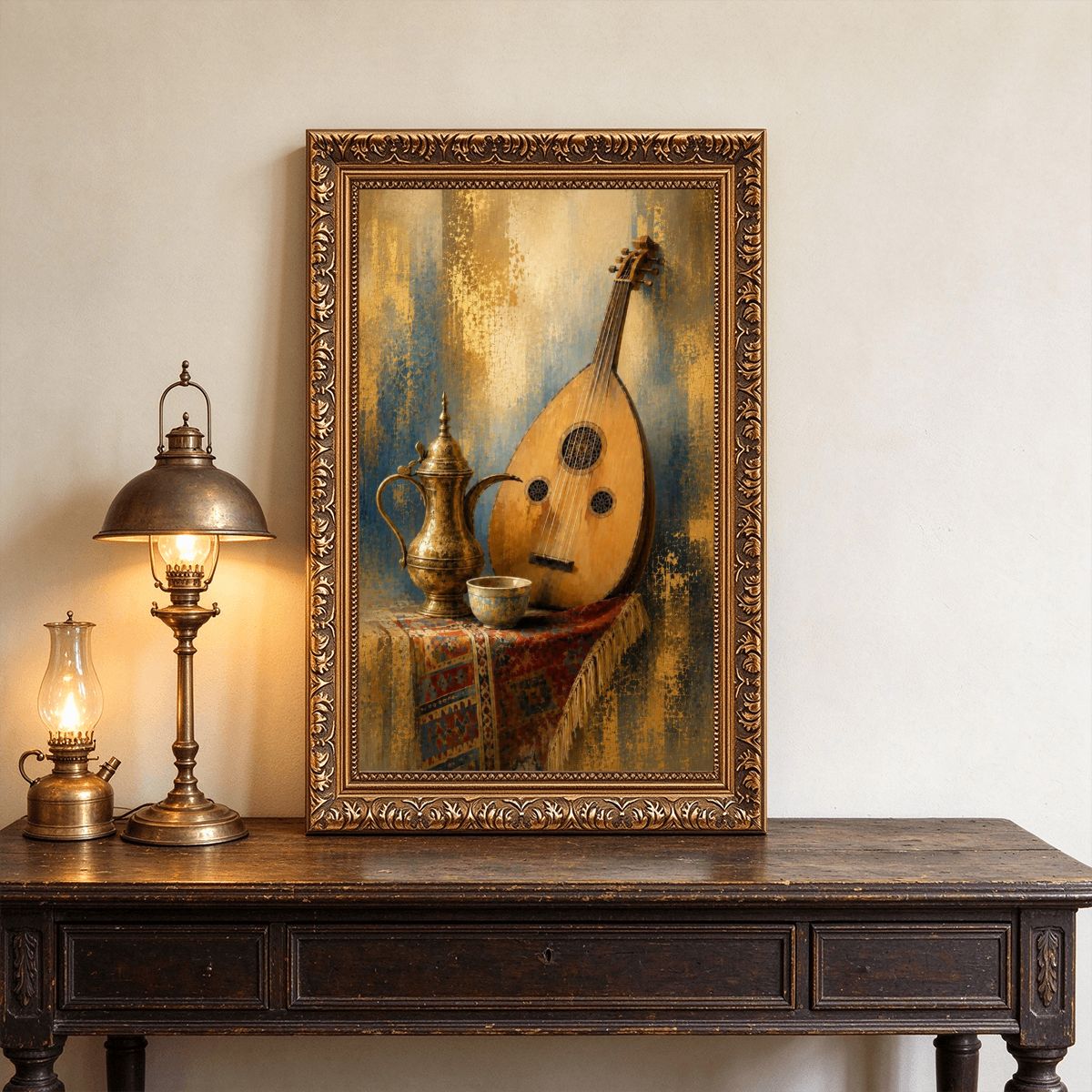 Arabian Oud and Coffee Vintage Gold Framed Canvas Prints Wall Art (2:3) (Made in USA)